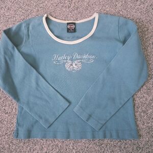 VTG Harley Davidson Womens 3/4 Sleeve T-Shirt Teal Blue Ringer 1995 USA Size M